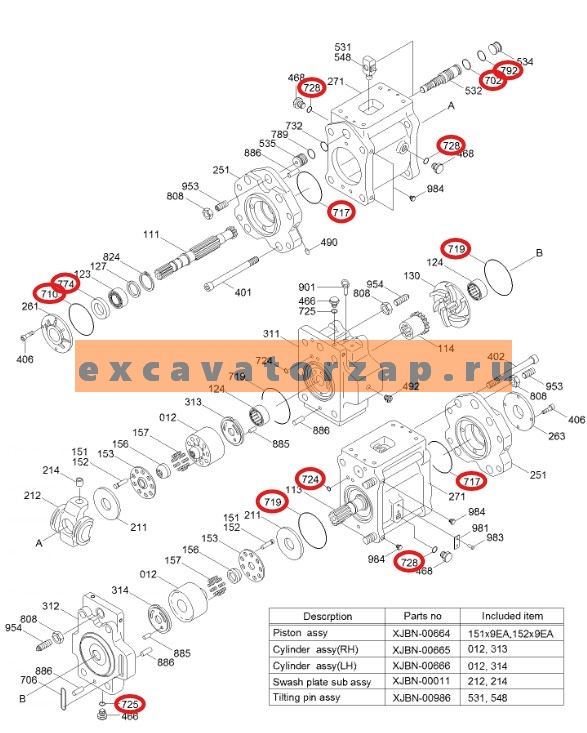 Ремкомплект гидронасоса K5V200-DTH-BK экскаватора HYUNDAI R450LC7, R450LC7A, R500LC7, R500LC7A, RD510LC-7