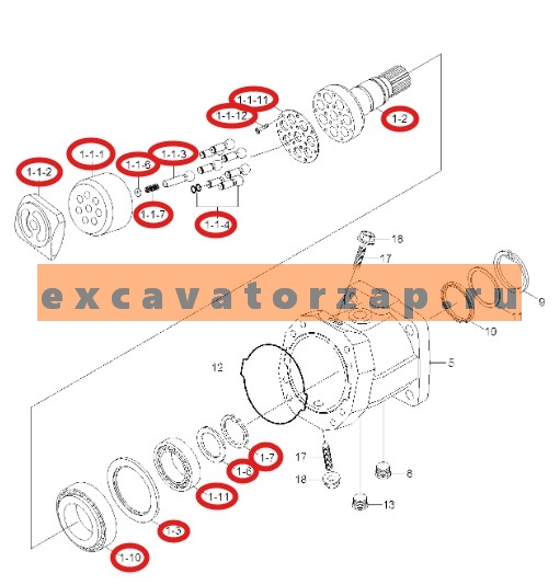 Группа роторная XJDD-00337 (оригинал, HYUNDAI) (качающий узел + поршня + вал + шайба + подшипники) гидромотора КПП (хода) экскаватора HYUNDAI HW140, R140W7, R140W7A, R140W9, R140W9A, R140W9S